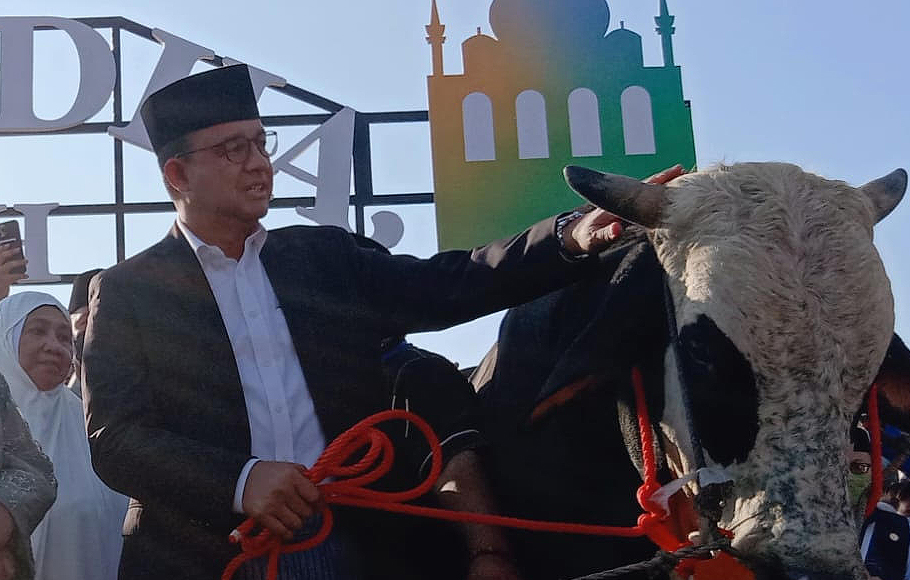 Gubernur DKI Jakarta Anies Baswedan menyerahkan sapi kurban seberat 1,2 Ton di Jakarta International Stadium, Minggu, 10 Juli 2022.