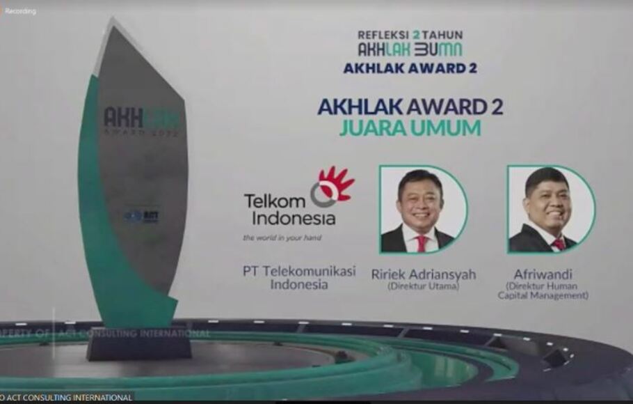 PT Telkom Indonesia (Persero) Tbk (Telkom) kembali membuktikan komitmennya dalam menerapkan core values BUMN - AKHLAK dengan meraih predikat juara umum pada AKHLAK Awards 2022, pekan lalu.