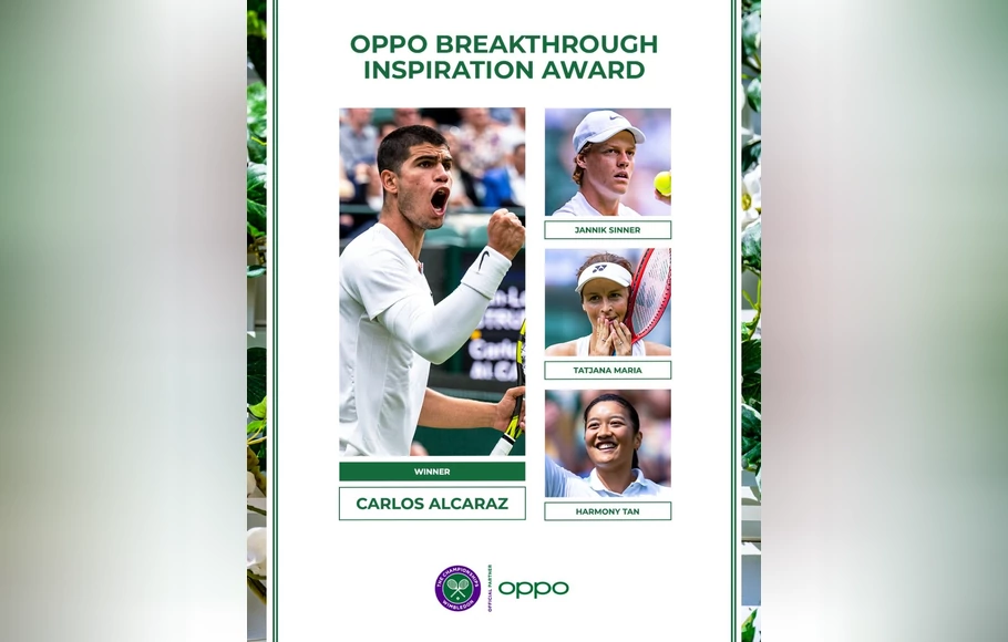 Carlos Alcaraz berhasil terpilih sebagai penerima OPPO Breakthrough Inspiration Award tahun ini. Penghargaan ini juga diberikan kepada tiga atlet terbaik lainnya yaitu Jannik Sinner, Tatjana Maria, dan Harmony Tan.