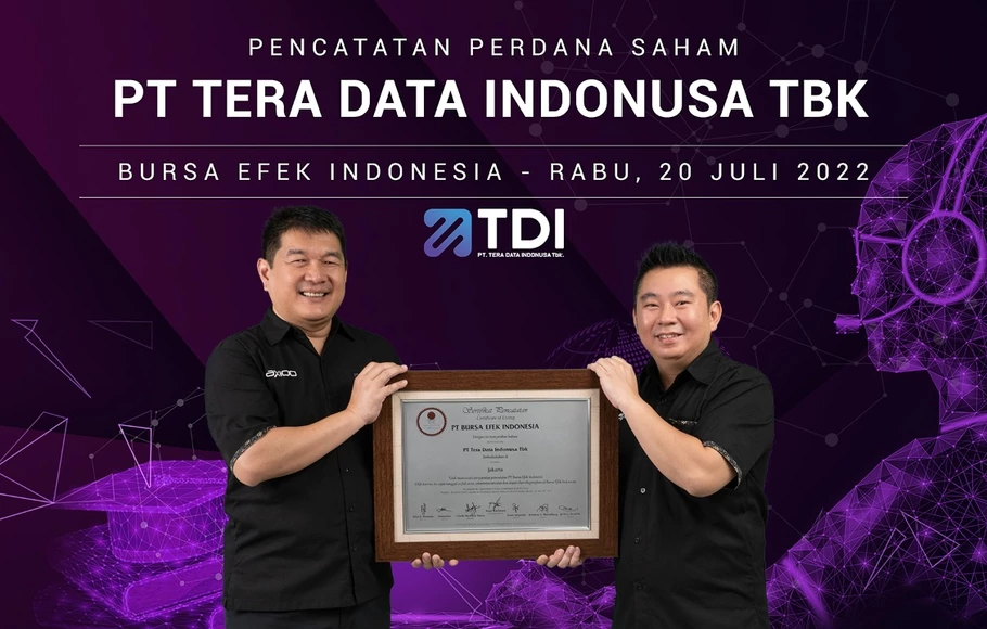 PT Tera Data Indonusa Tbk resmi melantai di Bursa Efek Indonesia (BEI) pada hari ini, Rabu 20 Juli 2022.