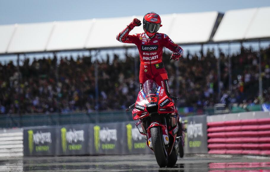 Pembalap Ducati Fransesco Bagnaia menjuarai Grand Prix Inggris di Sirkuit Silverstone, 7 Agustus 2022.