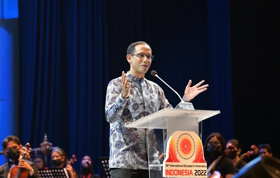 Menteri Pendidikan, Kebudayaan, Riset, dan Teknologi (Mendikbudristek), Nadiem Anwar Makarim, pada pembukaan International Olympiad in Informatics (IOI) 2022, di Yogyakarta, Selasa 9 Agustus 2022.