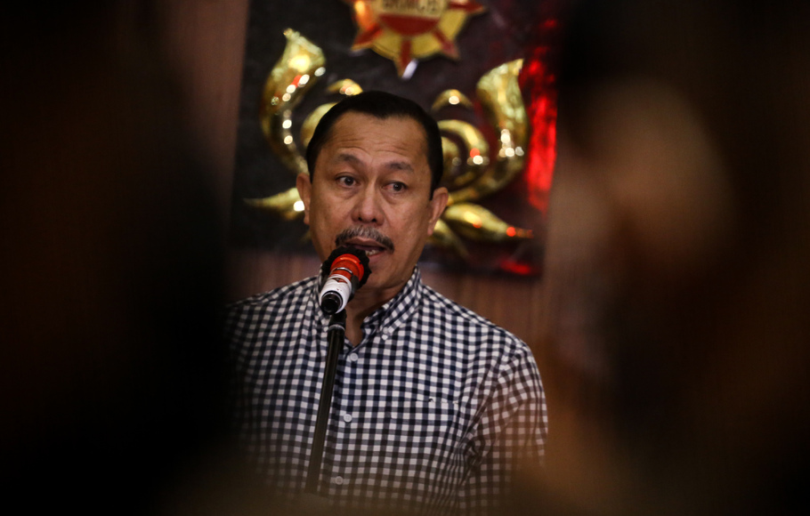 Ketua Komnas HAM Ahmad Taufan Damanik menyampaikan keterangan pers di Mako Brimob, Kelapa Dua, Depok, Jawa Barat, Jumat, 12 Agustus 2022.
