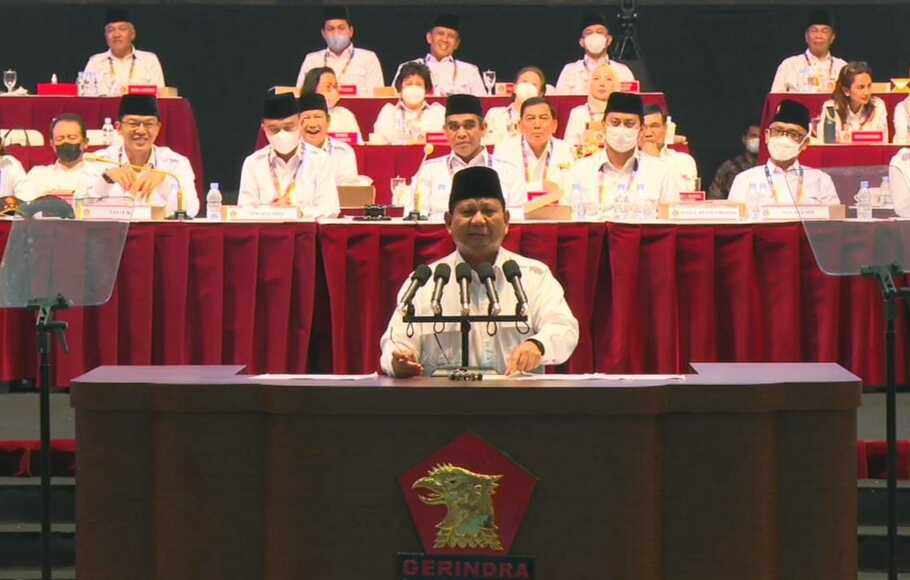 Ketua Umum DPP Partai Gerindra Prabowo Subianto dalam sambutannya di acara Rapimnas Partai Gerindra di SICC, Sentul, Kabupaten Bogor, Jumat, 12 Agustus 2022 malam.