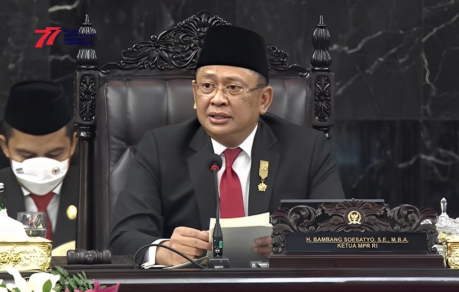 Ketua MPR Bambang Soesatyo menyampaikan pidato pengantar pada sidang tahunan MPR dan sidang bersama DPR dan DPD di Ruang Rapat Paripurna, Komplek Parlemen, Jakarta, Senin 16 Agustus 2022.