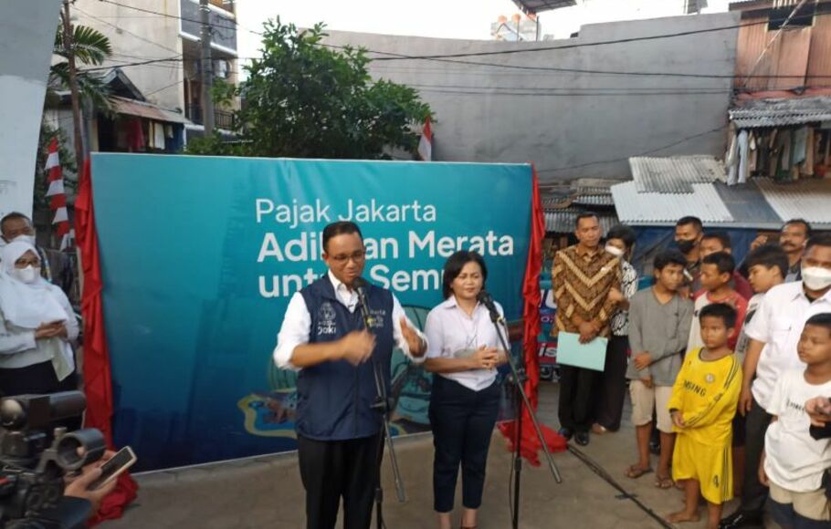 Gubernur DKI Jakarta Anies Baswedan dalam acara Pajak Jakarta Adil dan Merata di Mangga Besar, Jakarta Pusat, Rabu, 17 Agustus 2022. 