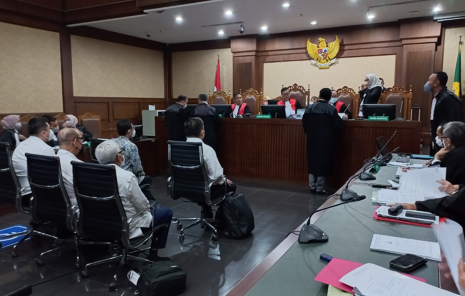 Suasana sidang lima terdakwa kasus dugaan korupsi terkait izin ekspor crude palm oil (CPO) dan produk turunannya termasuk minyak goreng di PN Jakarta Pusat, Rabu (31/8/2022).