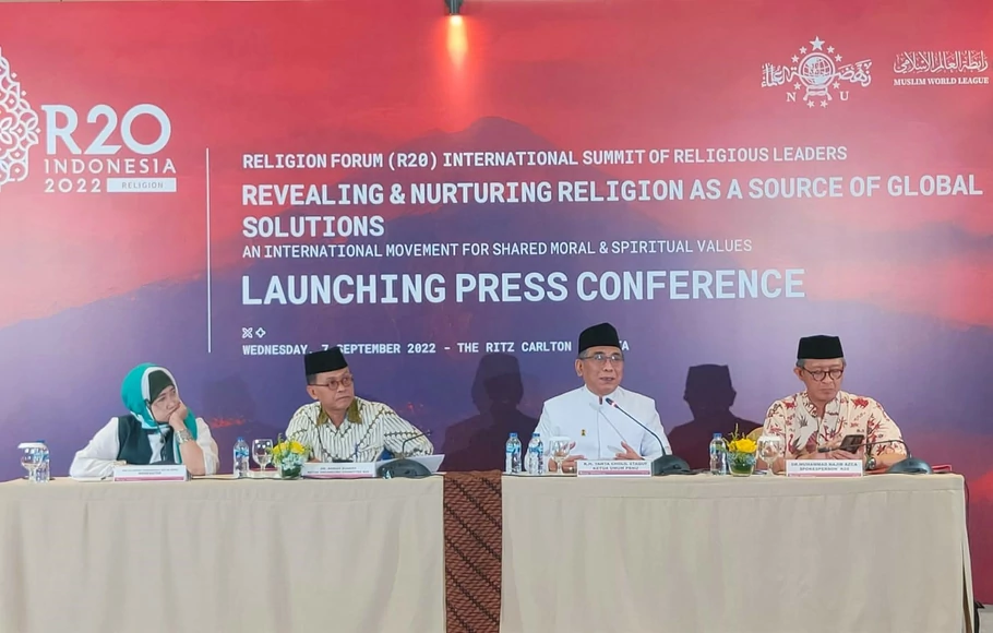 Konferensi pers peluncuran Religion Forum (R-20) International Summit of Religious Leaders di The Ritz Carlton, Jakarta pada Rabu, 7 September 2022.