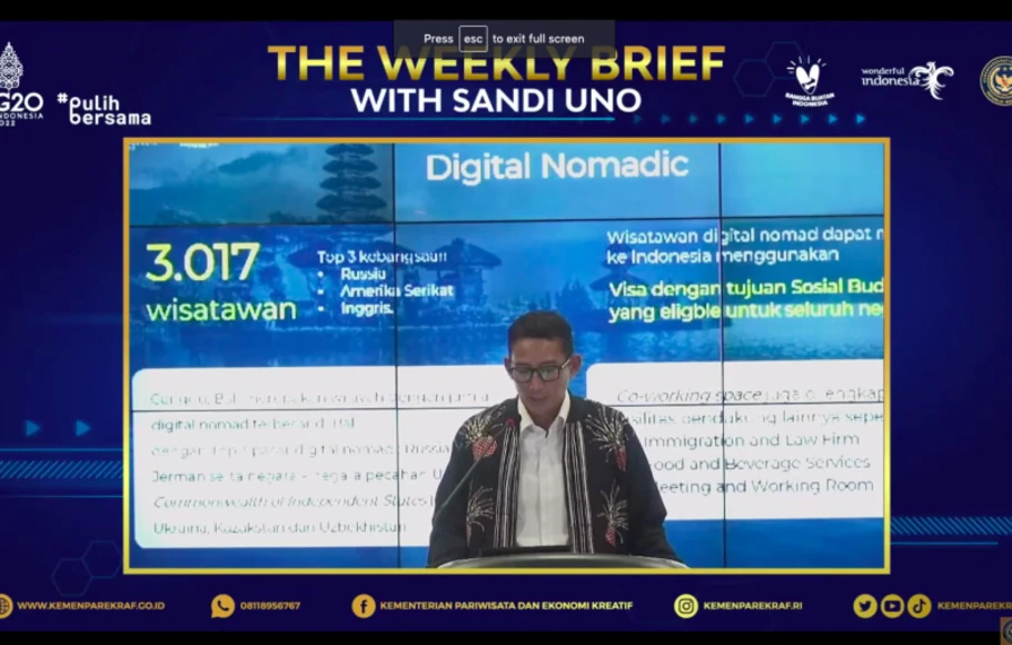 Tangkapan virtual Menteri Pariwisata dan Ekonomi Kreatif (Menparekraf) Sandiaga Uno dalam The Weekly Brief with Sandi Uno, Jakarta, Senin, 12 September 2022.