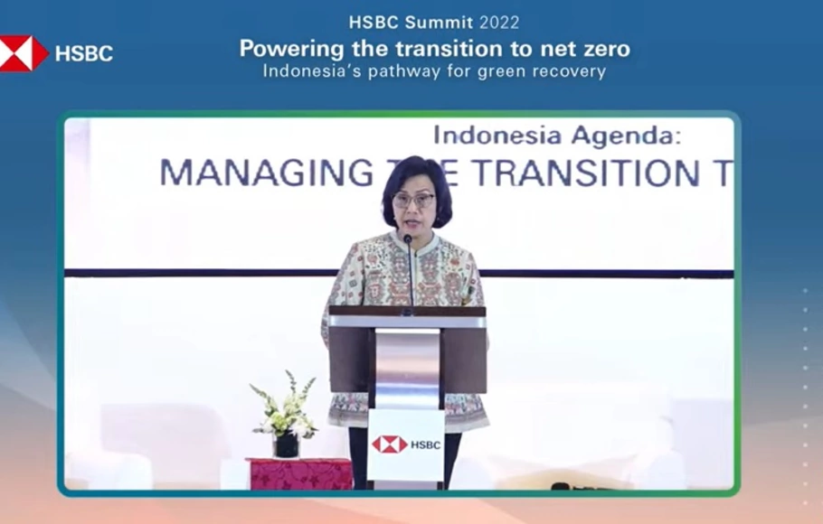 Menteri Keuangan Sri Mulyani dalam sambutannya di acara HSBC Summit 2022: Powering the transition to net zero, Indonesia’s pathway for green recovery di Jakarta, Rabu, 14 September 2022.