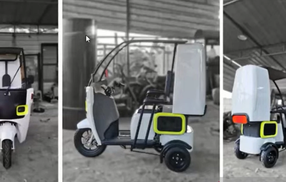 Tangkapan layar prototipe sepeda motor listrik roda tiga yang ramah disabilitasl yang dirancang Badan Riset dan Inovasi Nasional (BRIN).  