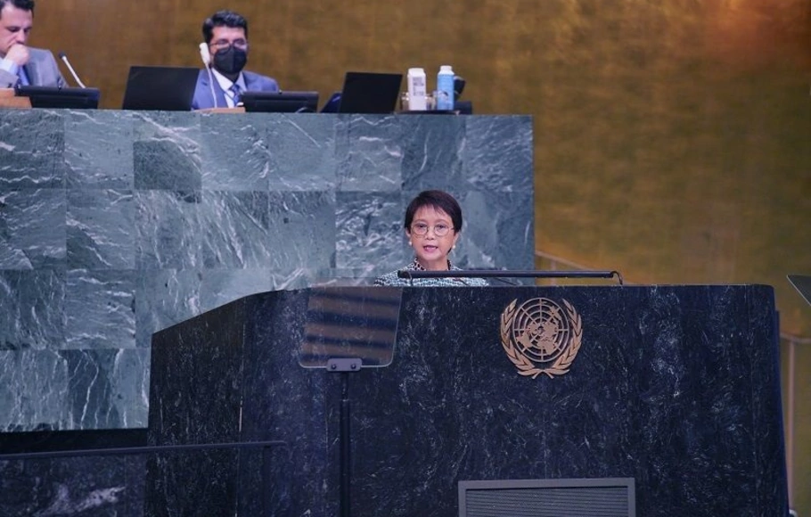 Menlu Retno Marsudi menyampaikan pidato pada Sidang Majelis Umum PBB ke-77 di New York, Amerika Serikat pada Senin 26 September 2022.
