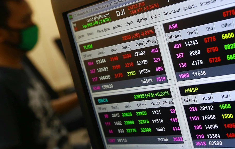 Investor memantau pergerakan harga saham melalui layar monitor di Jakarta.