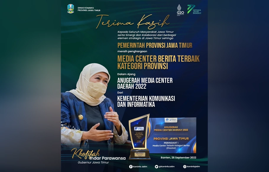 Pemerintah Provinsi Jawa Timur (Pemprov Jatim) berhasil meraih penghargaan terbaik pertama sebagai Media Center Provinsi Kategori Berita Tahun 2022.