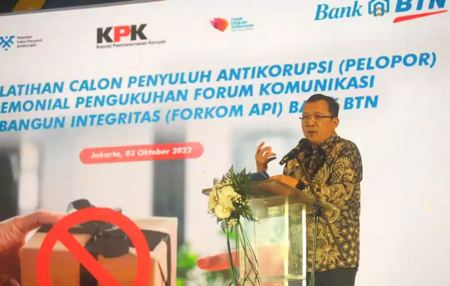 Direktur Utama PT Bank Tabungan Negara (Persero) Tbk Haru Koesmahargyo acara pembukaan calon penyuluh antikorupsi di Jakarta, Senin 3 Oktober 2022.