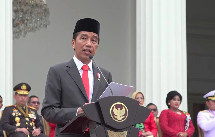 Presiden Joko Widodo (Jokowi) saat pidato peringatan HUT ke-77 TNI di halaman Istana Merdeka, Jakarta Pusat, Rabu, 5 Oktober 2022.