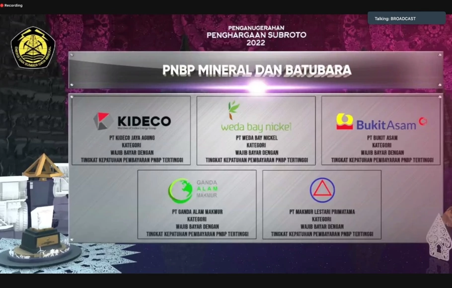 PT Bukit Asam Tbk (PTBA), anggota Grup MIND ID yang mengelola komoditas batu bara, berhasil menyabet Penghargaan Subroto 2022 Bidang PNBP Mineral dan Batubara.