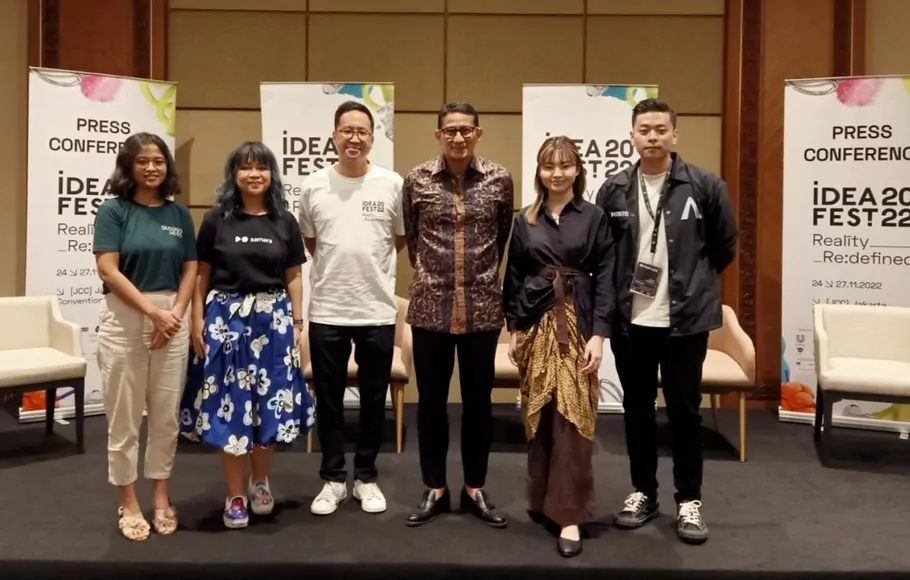 Acara Jumpa pers Pembukaan ajang IdeaFest 2022 yang dihadiri Menteri Pariwisata dan Ekonomi Kreatif /Kepala Badan Ekonomi Kreatif (Menparekraf/Bekraf), Sandiaga Salahudin Uno yang diselenggarakan di Jakarta Convention Center (JCC) Senayan, Jakarta, Kamis, 24 November 2022.