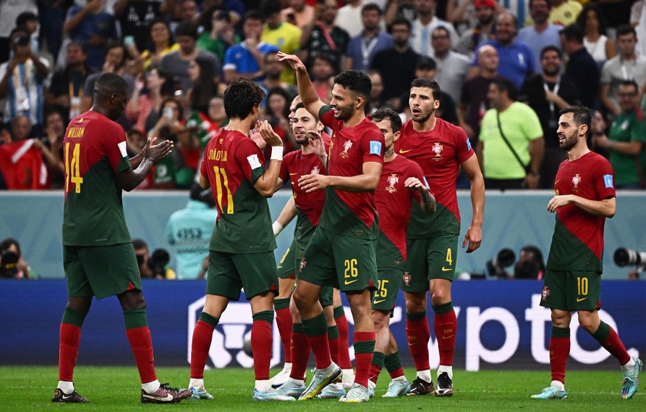 Selebrasi para pemain Portugal saat melawan Swiss pada partai 16 besar Piala Dunia 2022, di Stadion Lusail, Rabu, 7 Desember 2022 dini hari WIB.