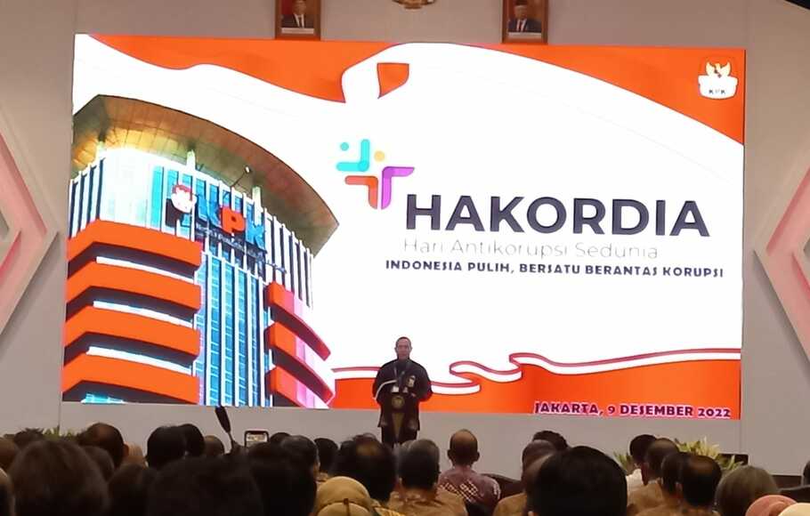 Ketua KPK Firli Bahuri saat memberikan sambutan dalam acara Hakordia 2022 di Hotel Bidakara, Jakarta, Jumat, 9 Desember 2022.