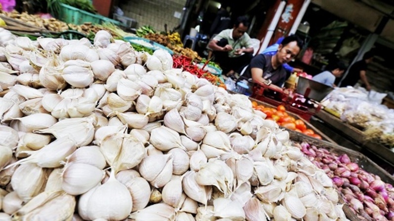 Pedagang merapihkan bawang putih daganannya di Pasar Kebayoran Lama, Jakarta,  Foto ilustrasi: Ruht Semiono 