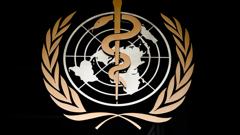 Logo Organisasi Kesehatan Dunia (WHO) yang terpampang di pintu masuk kantor pusatnya di Jenewa, Swiss. Foto: Fabrice COFFRINI / AFP 