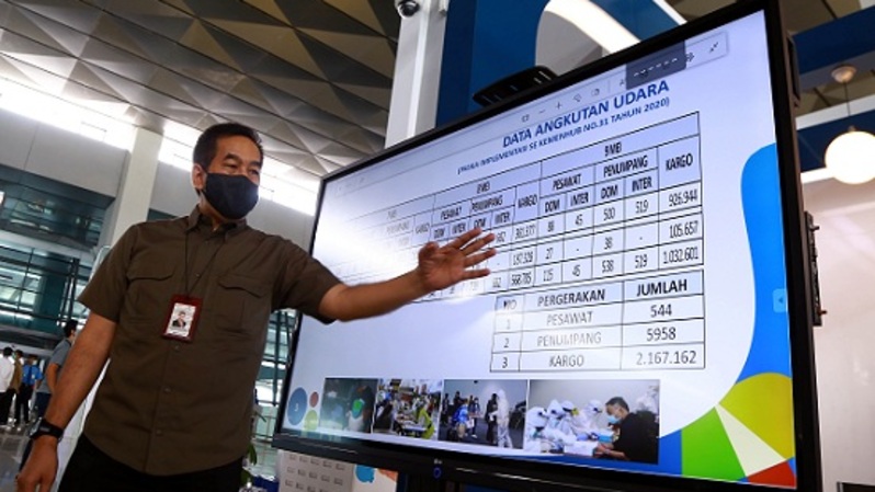 Presiden Direktur PT. Angkasa Pura II Muhammad Awaluddin menunjukan data penerbangan saat memberikan penjelasan kepada wartawan terkait prosedur yang harus dipenuhi penumpang pesawat yang akan terbang di Terminal 3 Bandara Soekarno Hatta, Tangerang, Banten, Minggu (10/5/2020). Foto: BeritaSatu Photo/Mohammad Defrizal