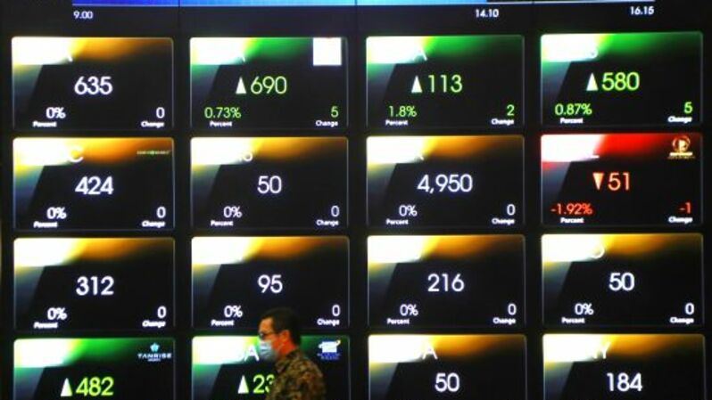 Karyawan melintas dekat layar elektronik yang menampilkan pergerakan harga saham di Bursa Efek Indonesia (BEI) di Jakarta. Foto ilustrasi: BeritaSatu Photo/Mohammad Defrizal