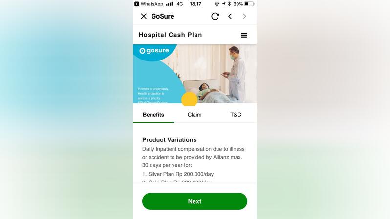 Tampilan produk Asuransi Rawat  Inap Rumah Sakit (Hospital Cash Plan) Allianz Life Indonesia di layanan GoSure pada aplikasi Gojek. ( Foto: Istimewa ) 