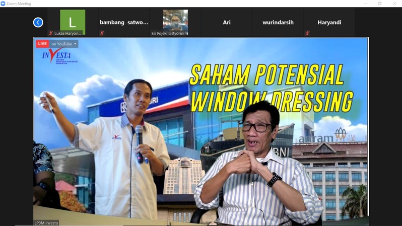 Analis teknikal, Joe Lee (kiri), dan Ketua LP3M Investa Hari Prabowo ketika memberikan edukasi tentang potensi window dressing kepada komunitas Investa.