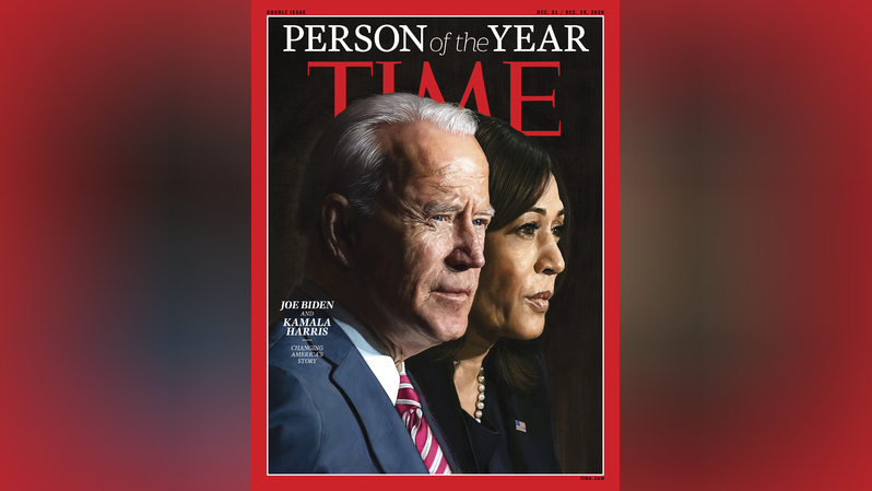 Sampul majalah Time menampilkan lukisan wajah Presiden terpilih Amerika Serikat (AS) Joe Biden dan Wakil Presiden terpilih Kamala Harris sebagai Person of the Year 2020. ( Foto: Jason Seiler / TIME / TIME Person of the Year / AFP )