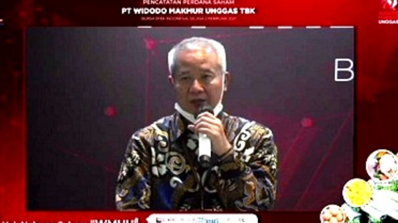 Pemilik sekaligus Chief Executive Officer (CEO) PT Widodo Makmur Unggas Tbk (WMU) Tumiyana dalam konferensi pers pencatatan perdana saham perseroan secara virtual, Selasa (2/1).