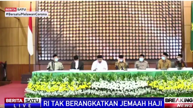 Menag Yaqut Cholil Qoumas umumkan keputusan pemerintah Indonesia tidak mengirimkan jamaah haji 2021, di Jakarta, Kamis (3/6/2021). Sumber: BSTV