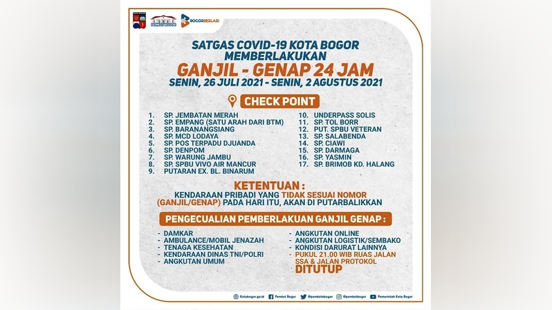 Ini 17 Check Point Ganjil Genap Hari Kerja di Kota Bogor