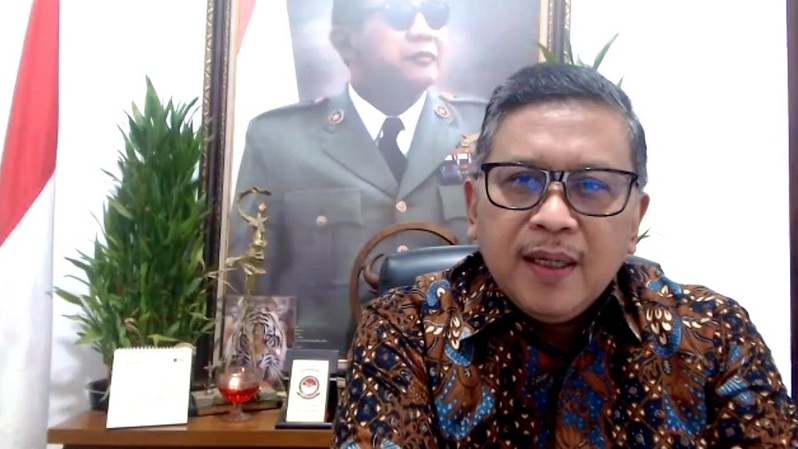 Sekjen PDIP Hasto Kristiyanto saat menjadi pembicara dalam bedah buku Kepemimpinan Srategik (model dan implementasi) di Jakarta, Kamis (12/8/2021). 