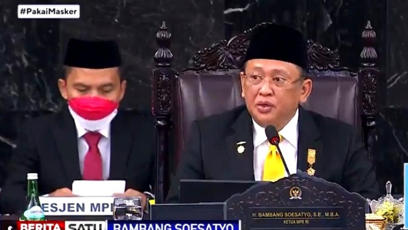 Ketua MPR RI Bambang Soesatyo memberikan pengantar dalam Sidang Tahunan MPR RI, Senin (16/8/2020). Sumber: BSTV