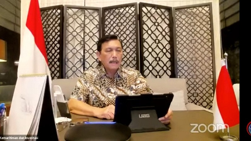 Menko Maritim dna Investasi Luhut Binsar Pandjaitan dalam konferensi pers perkembangan PPKM, Senin (30/8/2021).