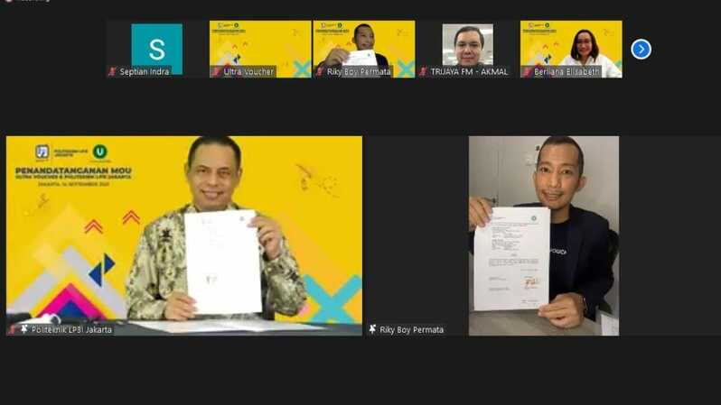 Konfenesi virtual bersama Ultra Voucher dan Politeknik LP3I Jakarta untuk kerja sama pendidikan vokasi. (IST)