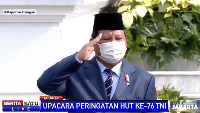 Menhan Prabowo Subianto hadir di Upacara peringatan HUT ke-76 TNI, di Istana Merdeka,  Selasa (5/10/2021). Sumber: BSTV