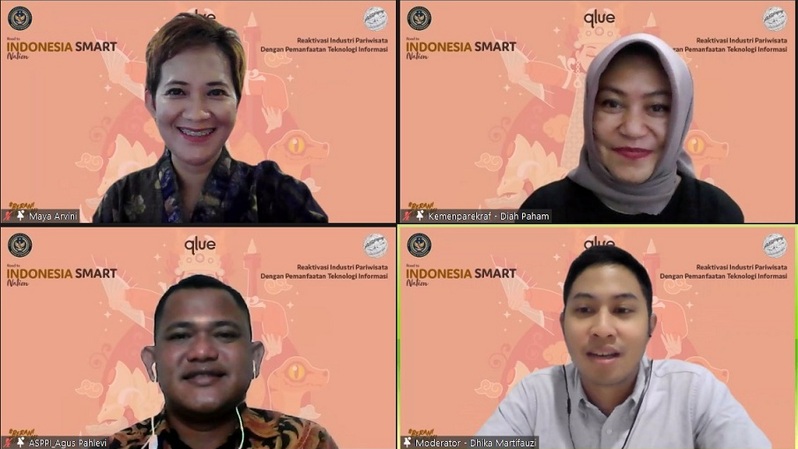 Diskusi publik bertajuk QlueTalk Road to Indonesia Smart Nation: Reaktivasi Industri Pariwisata dengan Pemanfaatan Teknologi Indonesia Kemenparekraf. 