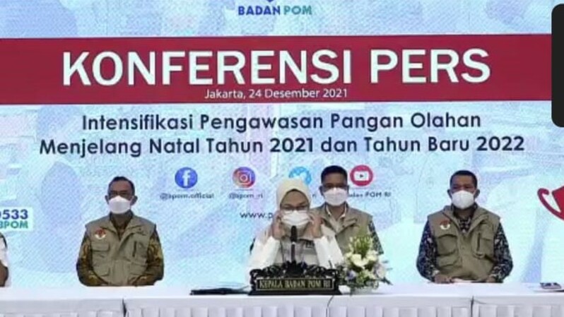 Konfrensi Pers Badan POM terkait Intensifikasi Pengawasan Pangan Olahan digelar secara hybrid di Jakarta, Jumat (24/12/2021).