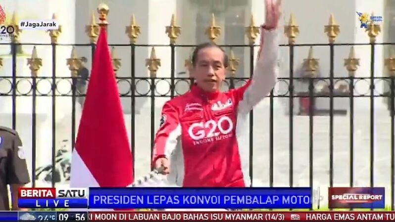 Presiden Joko Widodo melepas konvoi pembalap peserta MotoGP Mandalika dari Istana, Rabu (16/3/2022). Sumber: BSTV