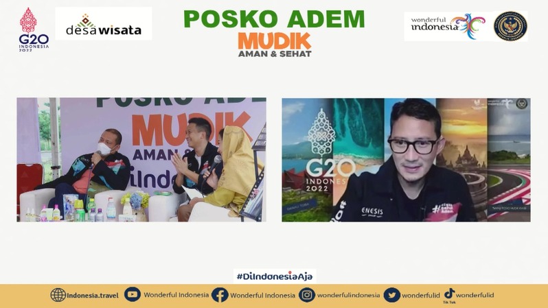 Menteri Pariwisata dan Ekonomi Kreatif RI, Sandiaga Uno saat meninjau Posko Adem Mudik Aman & Sehat secara virtual. 