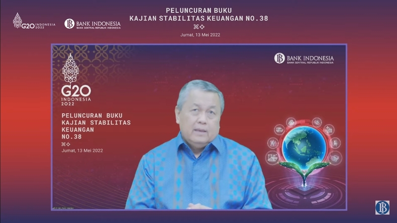 Gubernur Bank Indonesia Perry Warjiyo dalam acara peluncuran Buku Kajian Stabilitas Keuangan (KSK) No.38 pada Jumat, (13/5/2022).