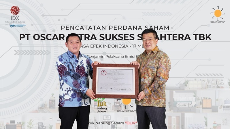 PT Oscar Mitra Sukses Sejahtera Tbk (OLIV) atau Oscar Living resmi mencatatkan perdana sahamnya di Bursa Efek Indonesia (BEI) pada Selasa (17/5/2022). (Foto: Ist)