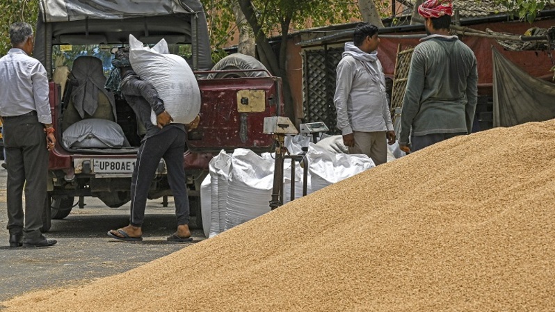 Pekerja bersiap memuat gandum ke dalam kendaraan pelanggan di pasar grosir gandum Ghaziabad, India pada 17 Mei 2022. Amerika Serikat berharap India akan membatalkan keputusannya untuk melarang ekspor gandum, yang akan memperburuk kekurangan komoditas secara global, kata diplomat tinggi AS untuk PBB. (FOTO: PRAKASH SINGH / AFP)