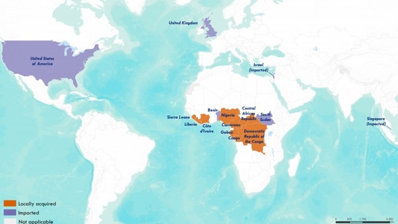 Negara-negara yang melaporkan kasus cacar monyet yang dikonfirmasi pada manusia 1970 - 2021. (Sumber: who.int)