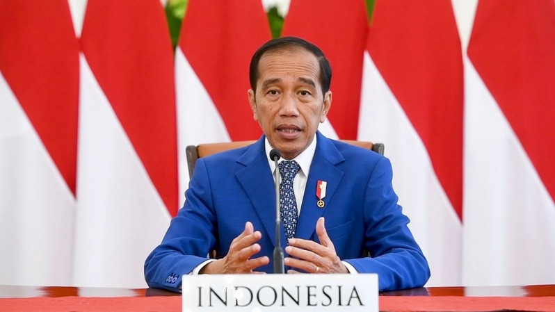 Presiden Joko Widodo saat menyampaikan pidatonya secara virtual pada High-level Dialogue on Global Development dari Istana Merdeka, Jakarta, pada Jumat (24/6/2022).