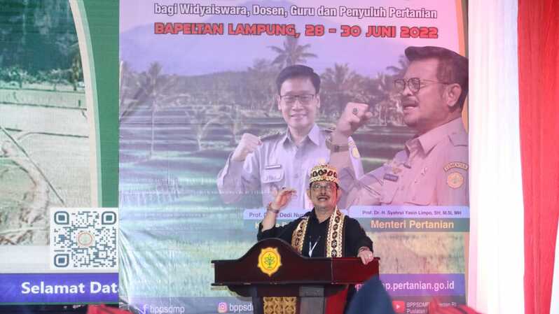 Menteri Pertanian (Mentan) Syahrul Yasin Limpo memberikan arahan pada pembukaan Training of Trainers bertema Pertanian Ramah Lingkungan di Lampung, Selasa 28 Juni 2022. (Dok. Kementan)