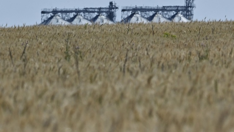 Sebuah foto menunjukkan lift gandum di belakang ladang gandum wilayah timur Ukraina, Donbas, pada 1 Juli 2022 di tengah serangan militer Rusia yang diluncurkan ke Ukraina. Antara kekurangan bahan bakar dan risiko dibom, beberapa petani Ukraina bertanya-tanya bagaimana mereka akan memanen ladang saat periode panen tertentu pada Juli 2022. (FOTO: Genya SAVILOV / AFP)